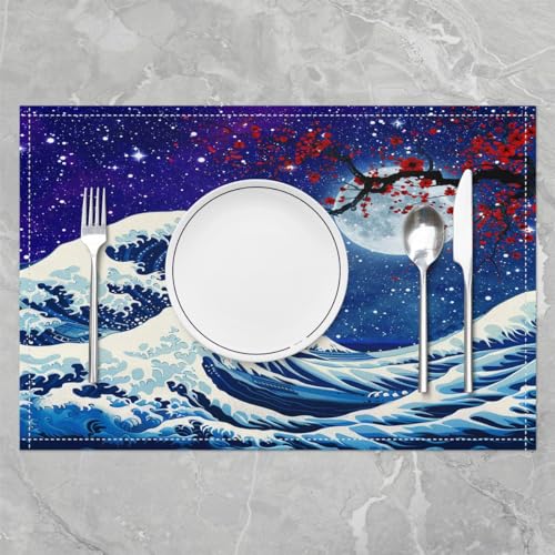 Feelyou Japanese Wave Placemats Set of 4 Ocean Wave Placemat for Kitchen Dining Table 18"x12" Cherry Blossoms Home Decor Table Place Mats Blue Japanese-Style Indoor Outdoor Decor Table Mats - color: Dark Blue