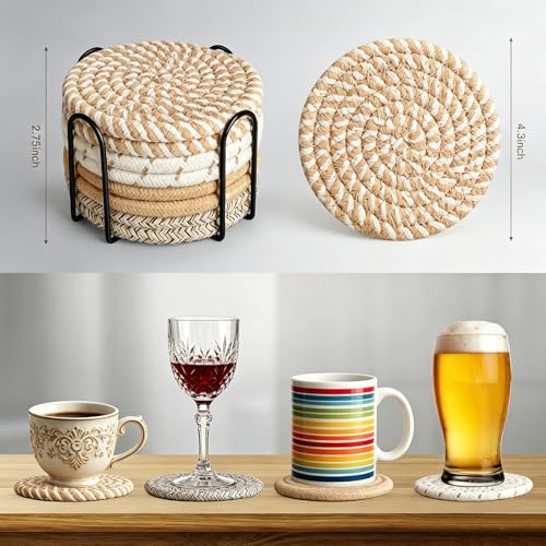 Coasters Set of 8 for Drinks with Holder,4 Colors Absorbent Coasters,Boho Cotton Woven Coaster Set for Living Room Decor,Tabletop Protection Suitable for Drinks,Beer, Coffee - color: Multicolored