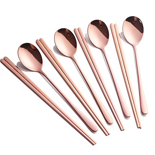 Buyer Star 4 Set Spoon Chopsticks, Rose Gold Reusable Metal Stainless Steel Korean Chopstix Spoon Set - color: rose gold-flat chopstick and spoon