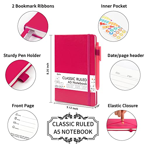 feela 5 Pack Notebooks Journals Bulk, Hardcover Notebook Classic Ruled Lined Journals with Pen Holder for Women Girls School Business Supplies, with 5 Black Pens, 120 GSM, 5.1”x8.3”, A5, Berry - color: 5 Pack berry