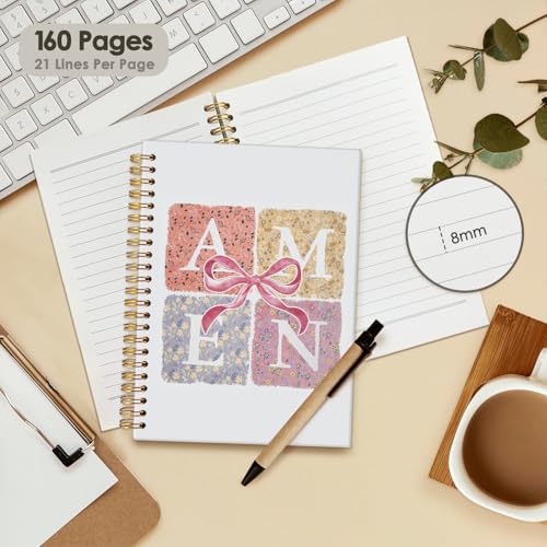 Coquette Pink Bow Amen Christian Spiral Notebook, Notebook for Bible Notes, Church Notes Notebook Journal, Christian Floral Hardcover Notebooks 5.5x8.3 - color: Pink Bow - AMEN