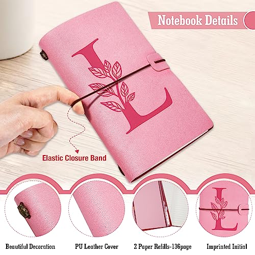 Personalized Journal Gift-Pink Initial Leather Journal+Heart Diamond Pen Set,Travel Notebook Diary Gifts,Refillable Notepads,Christmas,Birthday Gifts for Women Girls (7.9"x4.7") (L) - style: L