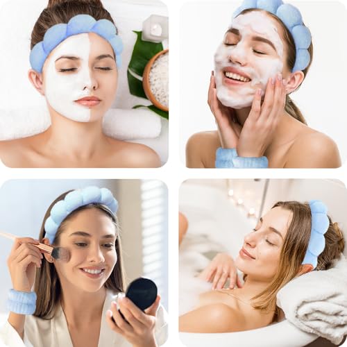 Spa Headbands for Washing Face Wristband Set Sponge Makeup Skincare Headband Wrist Towels Bubble Soft Terry Towel Cloth Hairband for Women Puffy Headwear Non Slip Thick Thin Hair Headwear (Blue) - color: Blue