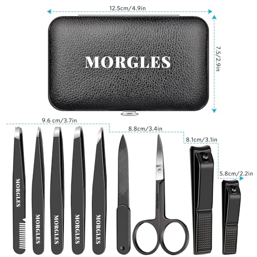 MORGLES Tweezers Set for Men 9 Pcs Nail Clipper Kit with Case for Grooming - color: B-black