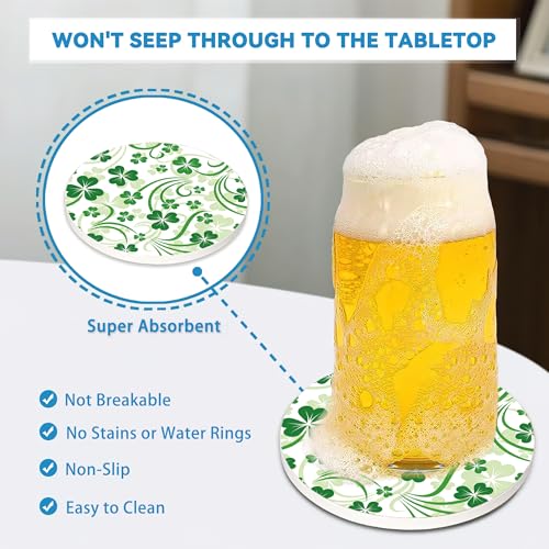 Drinks Coasters Set of 4, St. Patrick's Day Green Round 4" Cup Coasters, Absorbent Ceramic Stone Coasters with Cork Base, Cute Coasters for Table Home Décor, Ideal Gifts for Women Men - color: St. Patrick's Day Green
