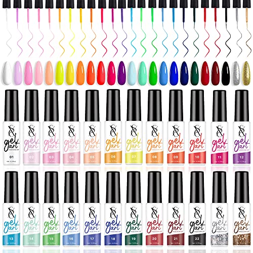 SXC Cosmetics 24-Color Gel Liner Set for Nail Art - With Built-in Thin Brush for Swirl Nail Designs and Soak-Off Gel Polish - color: 24 Colors Pro Series