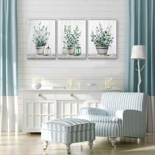 MHARTK66 Family Canvas Wall Decor for Bedroom, Dining Room, Living Room & Office - Green Leaf Vase Artwork - 12x16in - color: Wall Decor Painting Green Plants, size: 12x16inches*3pcs