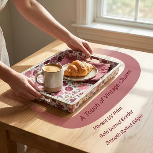 Rectangular Plastic Serving Tray with Handles, Burgundy Watercolor Floral Print with Gold Rim, Vintage Tray for Breakfast, Coffee, Tea, Home Decoration and Party, 15.7" x 11.8" x 1.57" - color: Red&white