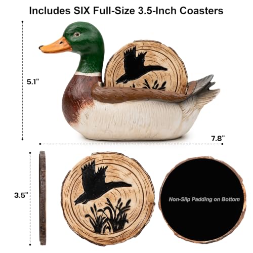 Mallard Duck Decor - Set of 6 Full Size Coasters - Duck Hunting Gifts for Men - Cabin, Lake House, and Man Cave Décor - style: Mallard Duck Coasters