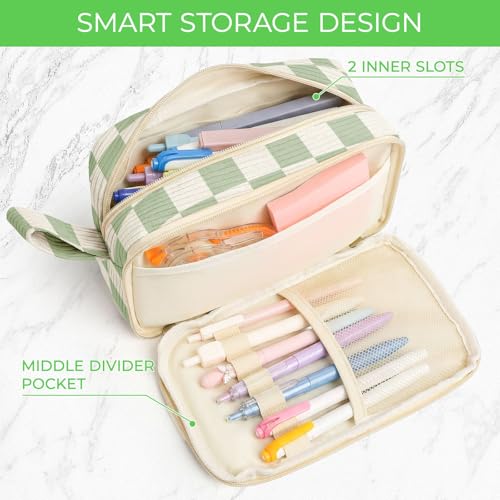 WOBAGMEN 62PCS Aesthetic Stationery Set with Corduroy Pencil Case, Pastel Highlighters Gel Pens Mechanical Pencils, Cute College Daily Essentials Set（Green Gingham） - color: Green Gingham