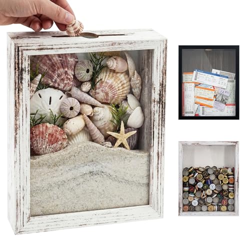 GraduationMall 8x10 Top Loading Shadow Box Frame with HD Glass,Wood Display Case with Slot,1.25 inches Interior Depth,Ideal for Wine Bottle Caps,Tickets,Shells,Stamps and More,White - color: Rustic White, size: 8x10