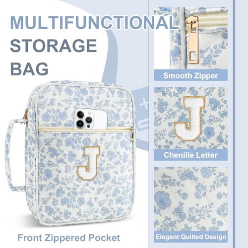 Personalized Initial Bible Cover Case for Women Girls Kid - Large Quilted Bible Case with Handle,Chenille Letter Bag Study Supplies,Christmas Gifts for Christians Birthday Graduation(Blue Flower-J) - color: Blue Flower, size: letter-J