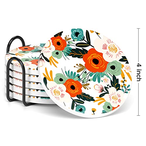 Coasters for Drinks, Set of 6 Cute Absorbent Ceramic Drink Coasters - color: Flower Illustration 01