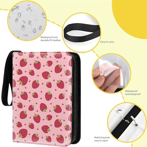 Card Binder 400 Pockets, 50 Sleeves Large Binder Trading Cards Holder 4 Pocket, Storage Organizer, Album Folder Case Protector Collector Gift Pink Cute Strawberry - color: Pink Cute Strawberry, size: 4 Pocket