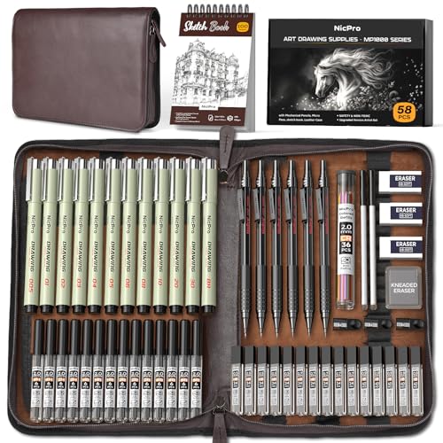 Nicpro 58PCS Art Drawing Supplies Kit in Leather Case,Pro Art Kit for Adult