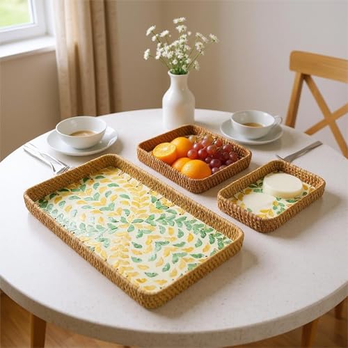 3 Pcs Rectangle Rattan Mother of Pearl Inlay Wicker Decorative Serving Tray - color: Yellow Green Wicker