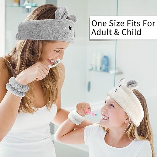 AHONEY Face Wash Headband and Wristband Set, Cute Makeup Spa Skincare Headbands Wrist Bands for Washing Face Headband for Women Girls Elastic Animal Hair Band (White&Grey) - color: Grey&White