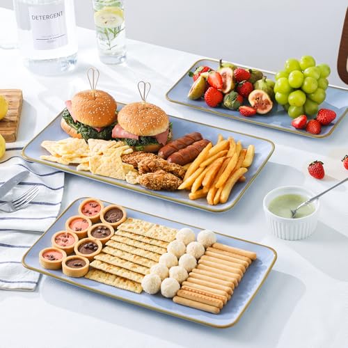 Ceramic Rectangle Serving Platter: 15.6/14.1/12.6 Inch Large Serving Dishes for Entertaining Party, Turkey, Cheese, Sushi, Snack and Dessert, Microwave Dishwasher Safe, Blue - color: Blue, size: Rectangle