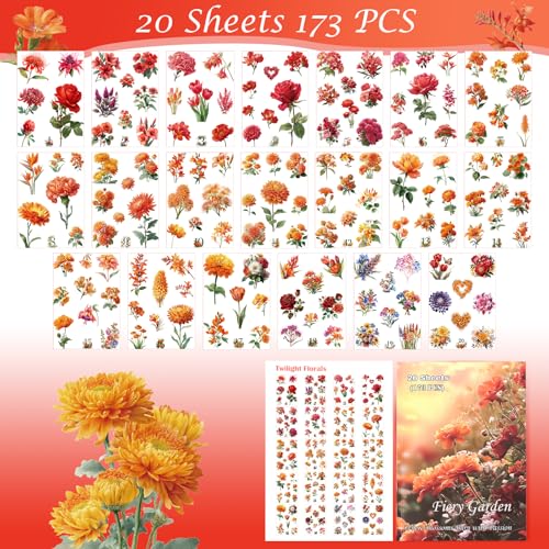 Clear PET 20 Sheets 173 Pcs Sticker Book, Fiery Sunset Botanical Floral Ephemera, Red Rose Stickers, Orange Tulip Embellishments, Seamless Junk Journaling Supplies - style: Fiery Garden