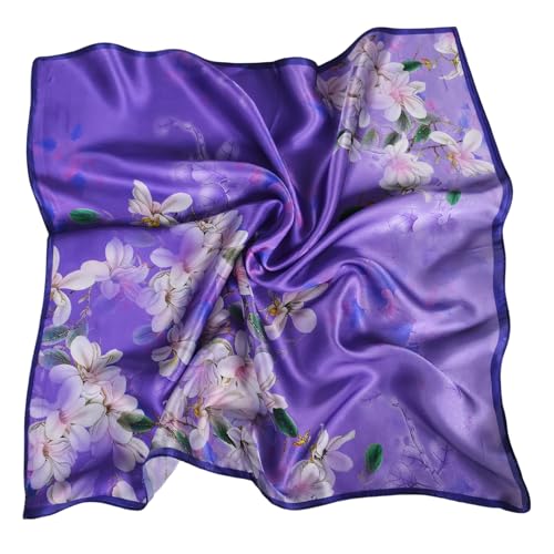 Women 100% Mulberry Silk Neck Scarf 21" Square Floral Neckerchief - color: Purple