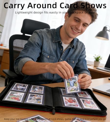 Top Loader Binder, Holds 128 Cards, 4 Pocket Zipper Binder for 3" x 4" Top Loader, Ringless Side-Loading Pages, Collectible Sports & Hard Sleeve Card Album (Red) - color: Red