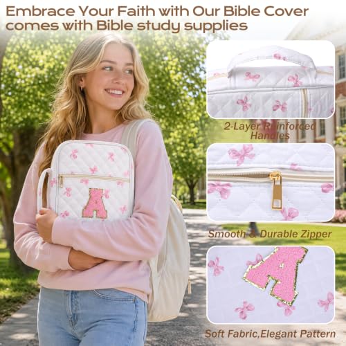 XKDOUS Bible Cover for Women Bible Bag Kit Church Book Holder Carrying Case - color: Pink Bow With Letter a