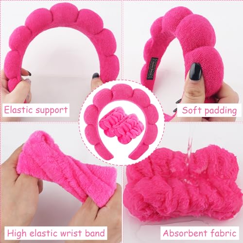 Zkptops Spa Headband for Women Sponge Makeup Skincare Headband Washing Face Wristband Set Terry Cloth Bubble Soft Get Ready Hairband Puffy Padded Headwear Non Slip Thick Hair Accessory(Hot Pink-2) - color: ZC Hot Pink-2
