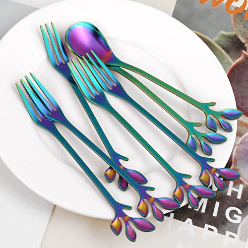 AnSaw 10-Pc Rainbow Mini Spoons & Forks Set, 4.7" - Leaf Handle - color: Rainbow