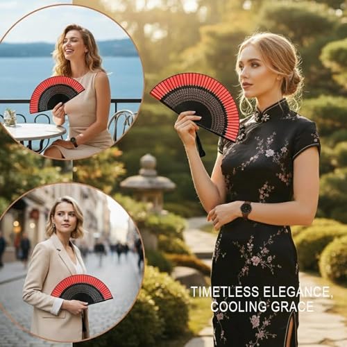 Lysa Hand Fan for Women Foldable - Portable Folding Japanese Chinese Fan - for Hot Flashes, Summer Cooling, Festivals, Church, Dancing (Black Red) - color: Black Red