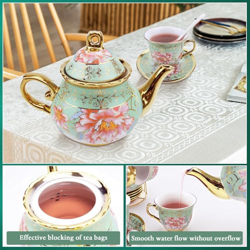 20Pcs Porcelain Tea Set with Metal Holder and Spoons, Floral Tea Sets for Adults with Teapot Cups Saucers, European Ceramic Tea Parties Set for Women （Large） (Green) - color: Green
