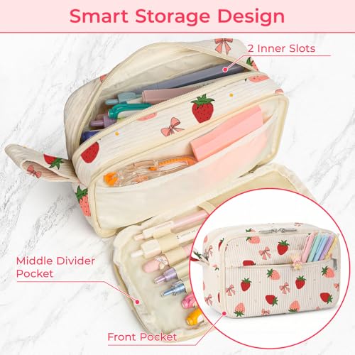 WOBAGMEN 62PCS Aesthetic School Supplies with Corduroy Pencil Case, Pastel Highlighters Gel Pens Mechanical Pencils, Cute College Essentials Set (Strawberry) - color: Strawberry