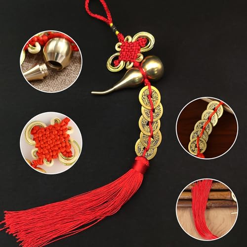 Feng Shui Good Luck Charms with Metal Gourd Red Knot Wall Hanging for Car,House,Office, Wealth and Success Five Emperor Money(5coins) - 2pcs - color: Chinese Knot Gourd & Coin Tassel 2pcs