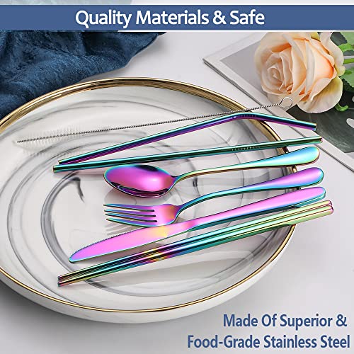 Portable Reusable Travel Utensils Silverware With Case, Camping Cutlery Set, Chopsticks and Straw, Flatware With Case, Stainless Steel Rainbow Top - color: Rainbow A