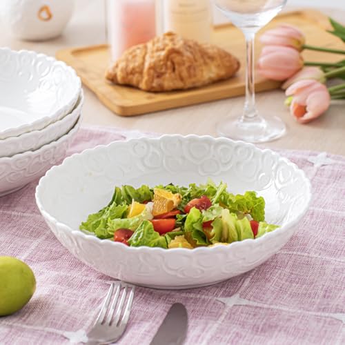 HOMBENE Heartbeat Pasta Bowls Set of 4, 28oz Salad Bowls Soup Bowl for Kitchen, Porcelain Wide and Shallow, Noodle, Soup, Pasta,Dinner, Microwave & Dishwasher Safe (White) - color: White, size: 28oz