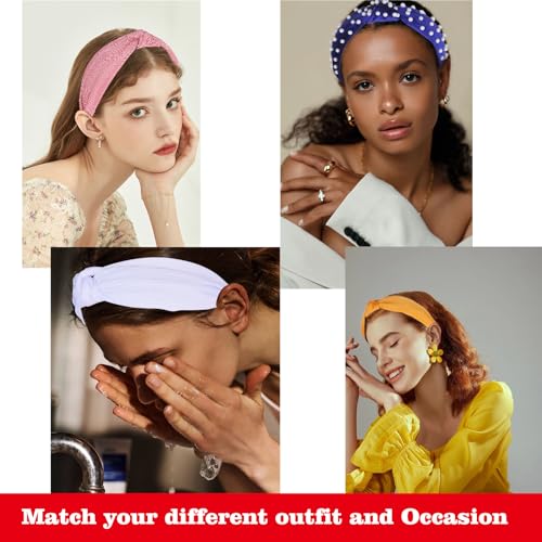 LOVNFC Womens Headbands, 6Pcs Knotted Head Bands No Slip Fashion for women Girls Wide Top Knot Turban Hair Bands Velvet Hair Hoops Hairband (red blue brown) - color: Pure color with pearl C