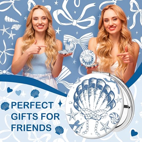 Weysat 9 Pcs Blue Seashell Compact Mirrors Bulk, Double Sided 1x/2x Magnify - color: Blue, size: Seashell Bow