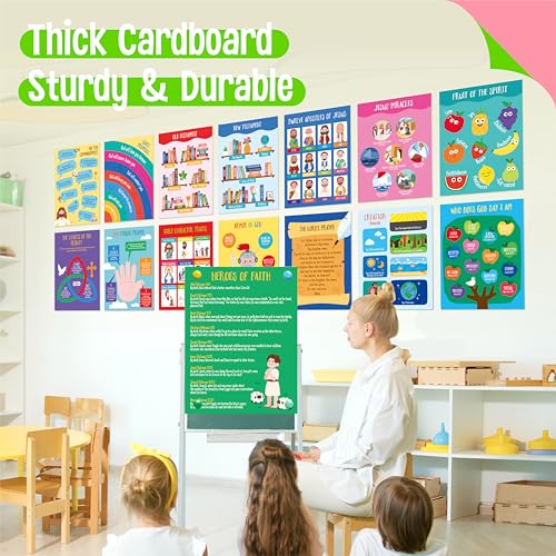 15 Bible Posters for kids, Thick Religious Poster Waterproof & Tear Proof with PET Film, Books of the Bible Poster Sunday School Christian Decoration for Classroom, Bulletin Board (14.5” x 11”) - size: Bible Posters (14.5” x 11”) -A
