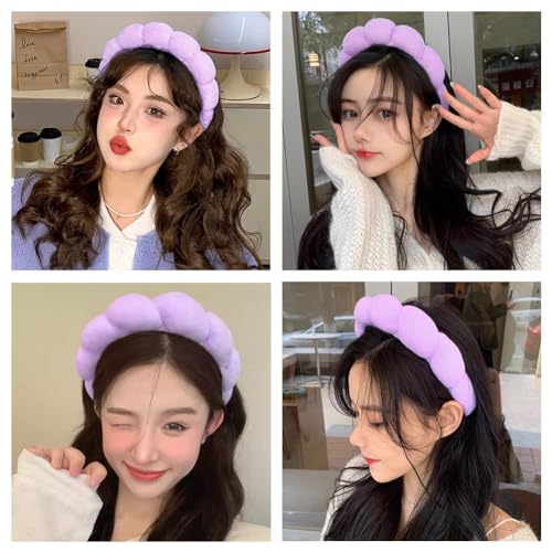 AOENJIE Spa Headbands for Washing Face or Makeup, Sponge Bubble Skincare Headbands, Puffy Terry Cloth Hairband for Women, Skin Care Makeup Headwear Hair Accessories for Girls(Purple) - color: Purple