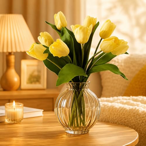 10 Stems 14 Inch Tulips Artificial Flowers Realistic Faux Flowers - color: Yellow