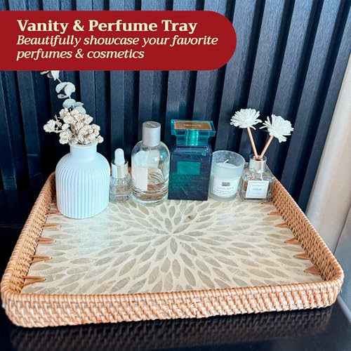 Rattan Tray Rectangle with Mother of Pearl – Unique Decorative Rattan Serving Tray for Food, Bread, Fruits, Snacks & Organizing Bathroom, Coffee Table – Christmas & Housewarming Gift (White 13.3"x9.4) - color: White 13.3"