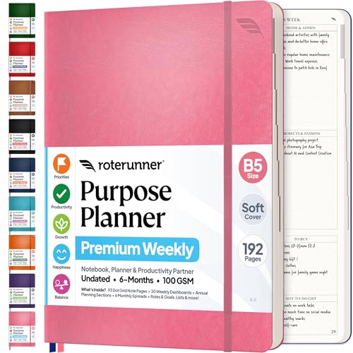 Roterunner Purpose Planner Notebook B5 7.5”x9.8” Undated 2026 Daily Weekly and Monthly Productivity Goal Setting Tool for Work Home ADHD Planner for Adults Self Care Journal (Pink Softcover) - color: Pink, style: B5 Softcover