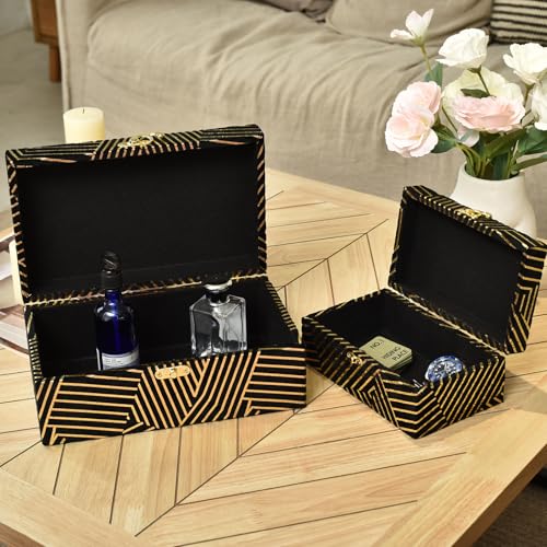 Velvet Decorative Boxes Storage Accessory Organizer Set of 2, Black - color: Black&Gold