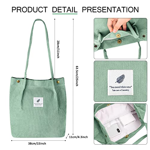Ayieyill Corduroy Tote Bag for Women Canvas Shoulder Cord Purse with Inner Pocket - color: Pea Green