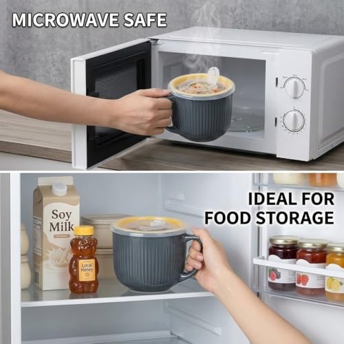 Ceramic Soup Bowl with Handle & Lid, Large 32oz Microwave Ramen Bowl Gray - color: Gray/Yellow 32, size: 32 OZ
