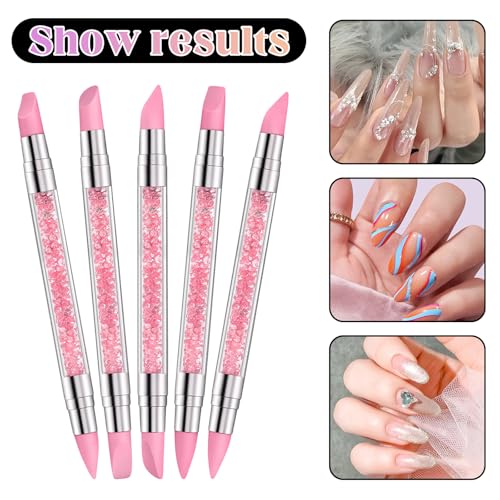 5 Pcs Nail Sculpting Tool, Dual Tipped Silicone Brush for Nails Silicone Nail Tools Nails Art Pen for Foil Carving Drawing Effects