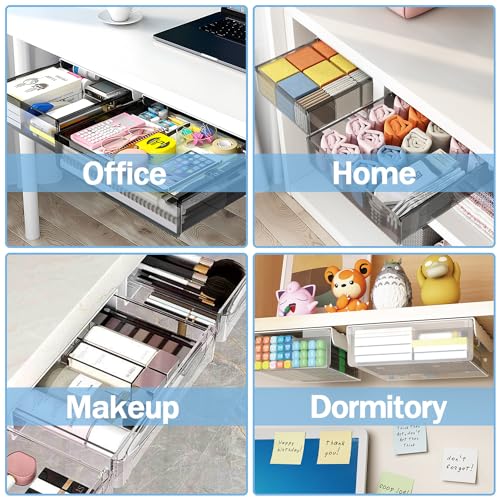 SVNNELP Large Under Desk Table Drawer Storage Organizer A4, Hidden Self-Adhesive Under Desk Pencil Tray Drawer for Office (Clear Black/L) - size: L