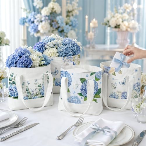 6 Pcs Mini Floral Bow Tote Bags for Women White Canvas Tote Bag Bulk Reusable Coquette Bags for Wedding Party Favor - color: Blue Hydrangea