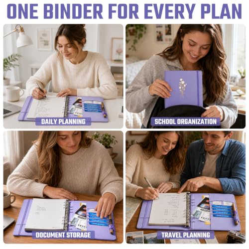 Ovesmusl Aesthetic A5 Binder 6 Ring, PU Leather Refillable Planner Cover - color: Purple-flowers, size: A5