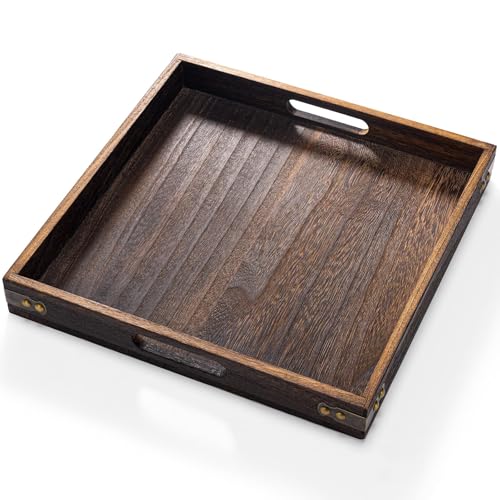 Serving Tray with Handles,Wood Decorative Tray,Square Large Serving Platter - size: 13" x 13" x 1.8"
