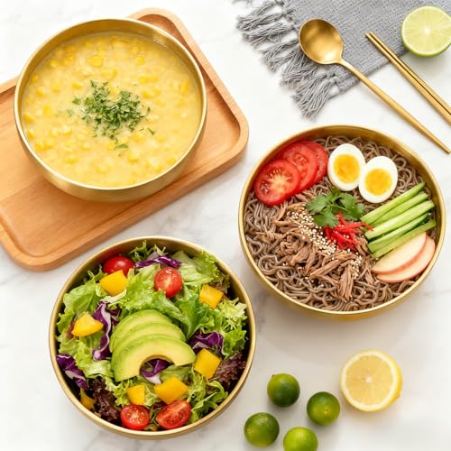 Frcctre 3 Pack 7.3 Inch Large Stainless Steel Bowls, 31 OZ Double Walled Insulated Bowls, Unbreakable Decorative Golden Bowl Serving Bowl for Salad Soup Noodle Friut Mixing, Dishwasher Safe